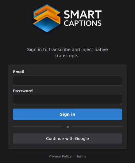 لوحة SmartCaptions وفيها نموذج تسجيل الدخول: البريد الإلكتروني وكلمة المرور وتسجيل الدخول بجوجل
